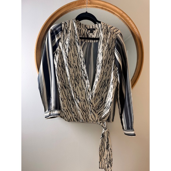 DREW Tops - Drew Silk Wrap Blouse Black Cream Excellent Mixed Print Tiger Stripe